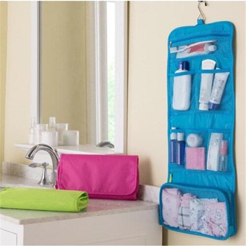 Foldable Toiletry Storage Bag High Capacity Solid Color Canvas Hanging Portable Cosmetic Pouch Multifunctional Travel Organizer