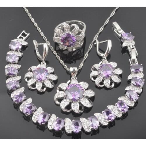 Bridal Jewelry Sets Silver Color For Women Wedding Purple CrystalEarrings Rings Bracelet Necklace Free Gift Box QS0352