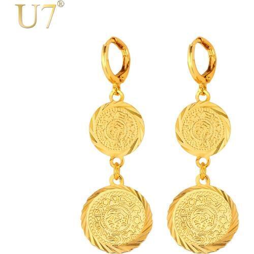 U7 Drop Earrings For Women Party Gift Trendy Gold Color Antique Double Coin Earrings Fashion Jewelry E674