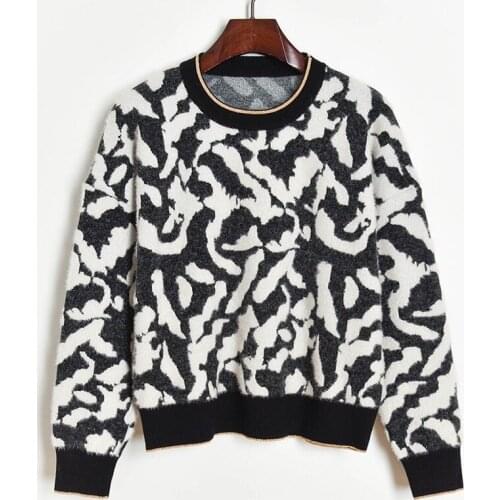 Women Leopard Sweater Thick Mink Pullover Sweater 2020 Fall Winter Black White Leopard Jacquard Knit Sweater Pullover Jumpers