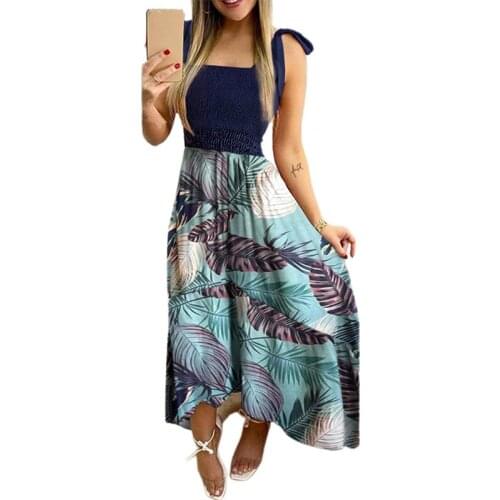 Womens Sleeveless Casual Tube Strap Sling Sunflower Print Irregular Dress Robe Big Swing Summer Dress For Ladies Vestidos Midi
