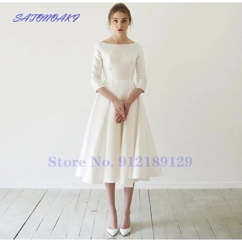 New Simple Ivory Satin Wedding Dresses Tea Length With Sleeve A-Line Bridal Gown Vestidos De Novia Sukienka Aliexpress France