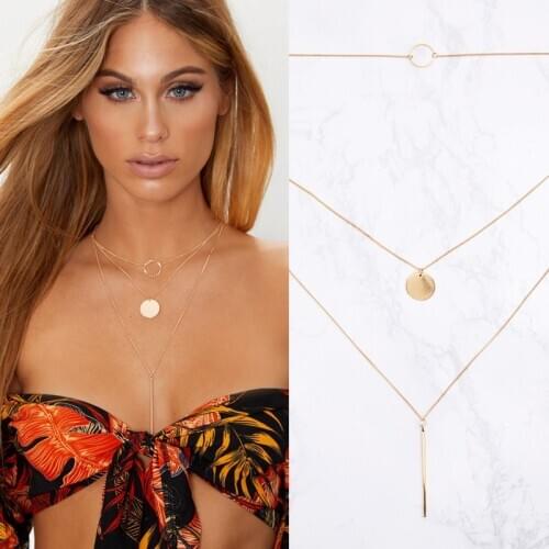 2018 GOLD COLOR LAYERED DISK PLUNGE NECKLACE METAL ROUND CIRCLE PENDANT NECKLACE FOR WOMEN JEWELRY GIFT