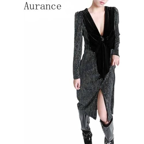 [Aurance] Women Sequin Velvet Party Dresses Big Bow Backless Split Sexy Dress 2Ways Wearing Ladies Long Dress Spring New 2021