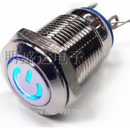 1pcs 3V LED 12mm Flat Head Power Supply Sign Light Reset switch Switch Waterproof Metal Button Switch Blue Light 5PIN Metal
