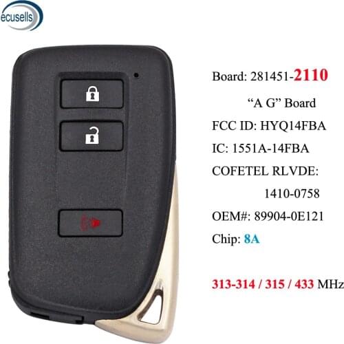 2+1/3 BTN Smart Key 8A Chip for Lexus NX200 NX300 NX200T NX300T NX450H LX570 FCCID: HYQ14FBA - 281451- 2110 , P/N: 89904-0E121