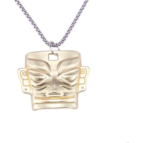 2021 Fashion Trend Chinese Style Golden Mysterious Triangle Pile Mask Stainless Steel Metal Pendant Necklace Jewelry Gift
