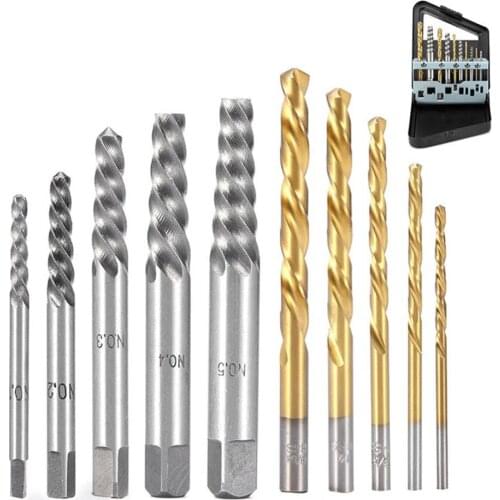 5pcs Broken Screw Extractor Center Drill Bits+5 Pcs High Speed Steel Inch Drill Left Spin Twist Drill Combination Packages
