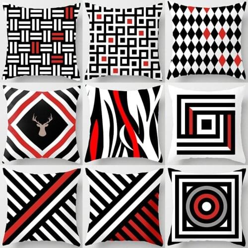 Black Red Geometric Pattern 45x45 Peach Skin Cushion Cover Car Home Decor Sofa Throw Pillow Decorative Pillowcase Pillow Cover