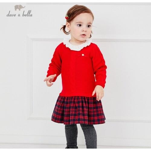DB14576 dave bella autumn baby girls cute bow plaid sweater dress children fashion party dress kids infant lolita clothes