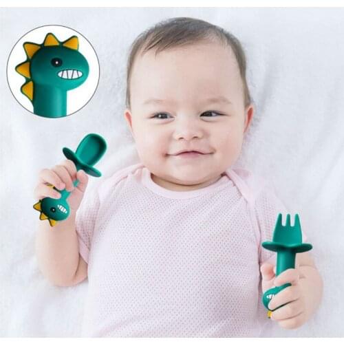 Baby Silicone Short Handle Fork Spoon Training Complementary Food Dinosaur Licking Childrens Tableware Materna