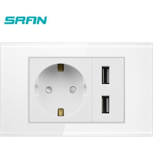 SRAN 2gang EU socket with usb,dual usb charger port 5v 2.1A,white crystal glass panel 118mm*72mm,220V 16A wall power socket