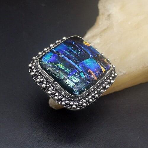 Hermosa Beautiful Rainbow Jewelry Mystical Solitaire Dichroic Glass Silver Color Men Women Band Ring Size 9.5 FQ132