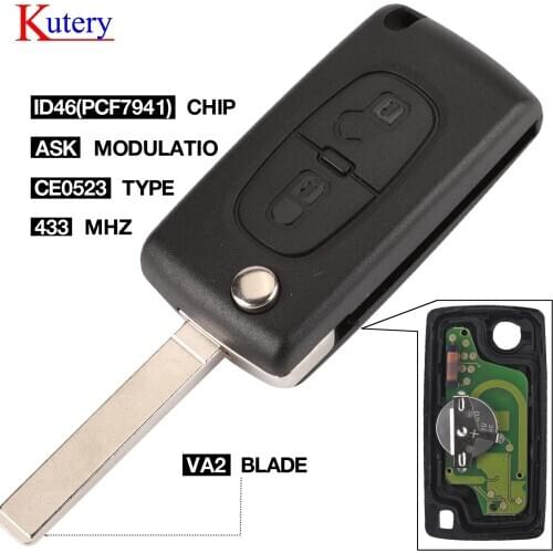 Kutery 433MHz ID46 PCF7941 ASK Chip 2 Button Car Flip Remote Key Fob For peugeot 207 307 407 VA2 Blade CE0523