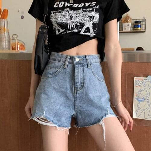 Summer 2021 New Hole Straight Denim Shorts Women Loose Ladies Fashion High Waist Slim Wide Leg Hot Short Bottom Femme Short Traf