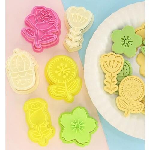 M68E 6pcs 3D Rose Flower Cookie Cutters Pressable Biscuit Mold Stamped Embossed Pastry Plunger Fondant Cake Decorating Tools