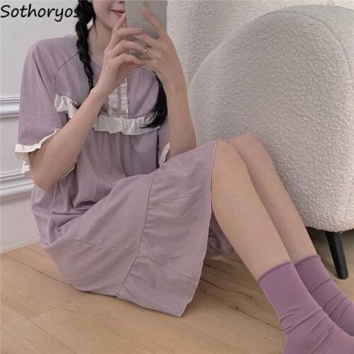 Short Sleeve Nightgowns Women Soft Sweet Ruffles Patchwork Summer Home Wear Female Plus Size M-4XL Knee-length Fashion Simple