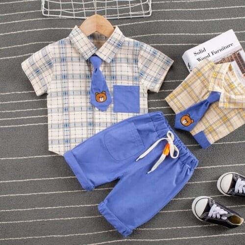 Boys Clothes Summer Thin Blouses Clothing Infan Cotton Plaid Shirt Tops Kids short Sleeves + Pants 2PCS Clothing Sets