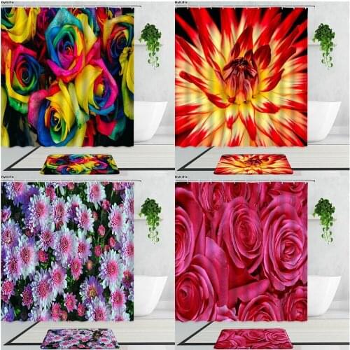 Romantic Colorful Flower Shower Curtains Rose Daisy Dahlia Green Plant Girl Bathroom Decoration Set Non-Slip Carpet Bath Curtain