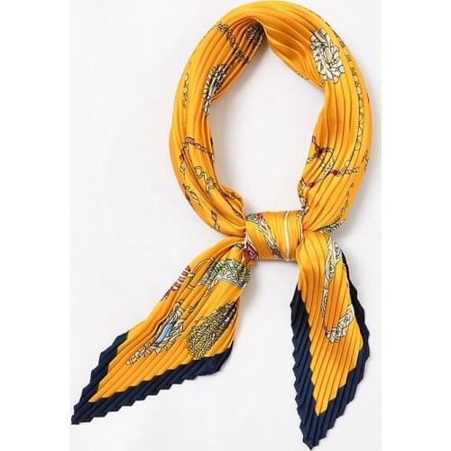 Summer New Elegant Decorated Scarf for Women Small Pleated Neck Scarf Crinkle Pattern Silk Headwear