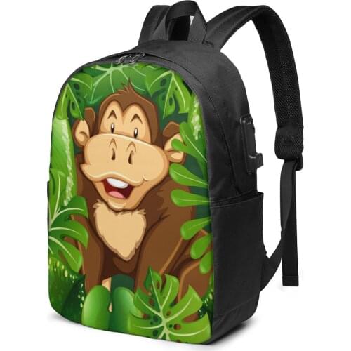 School Bag for Boy and Girl Wild Forest Monkey Backpack with USB Charging Funny Daypack For Teenager Student