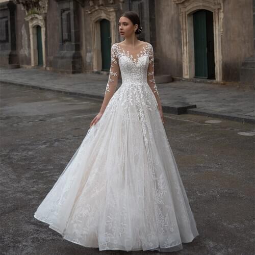O Neck Three Quarter Sleeves A-Line Wedding Dresses Illusion Button Appliqued Crystal 2021 New Floor Length Bridal Gowns