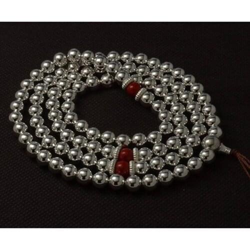 Tibetan Buddhism 108 Tibetan silver color Hollow Bead & Spacer Bead Mala Necklace