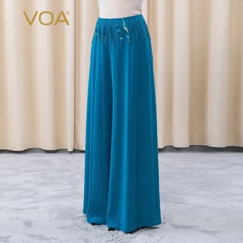 VOA Heavy Silk 30m/m Waist Three-dimensional Embroidery Yuke Pleat Commuter Ladies Wide-leg Skirt Woman Pants KE318