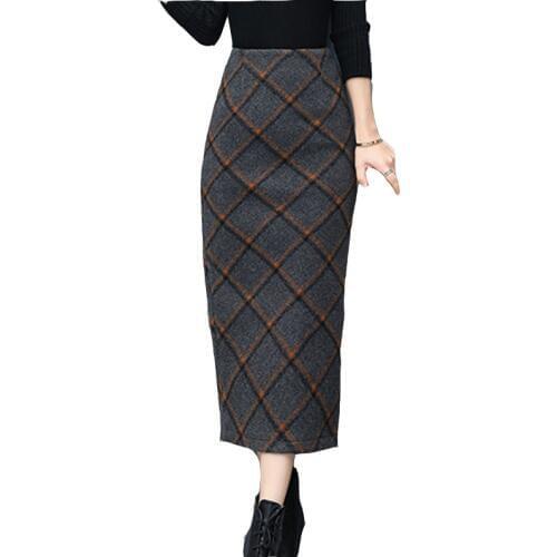 High Waist Wool Long Skirt Women Winter 2018 New Fashion Sexy Open Split Pencil Skirt Ladies Casual Warm Plaid Woolen Skirts