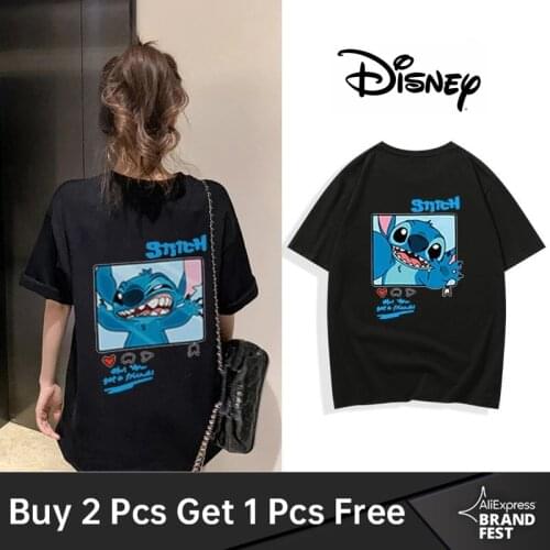 Korean Style Disney Stitch Little Monster Cartoon Letter Print Women T-Shirt O-Neck Short Sleeve Harajuku Tee Tops 5 Colors