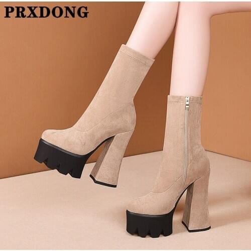 2021 New Autumn Winter Nubuck Leather Women Ankle Boots Retro Concise Shoes Woman High Heels Platform Zipper Riding Boots 34-40