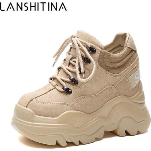 2020 Spring High Platform Boots 12CM High Heel Women Thick Sole Shoes Leather Wedge Sneakers Waterproof Breathable Casual Shoes