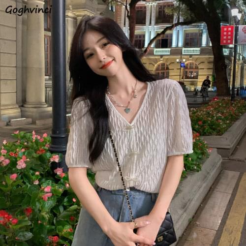 Shirts Women Solid V-neck Summer Elegant Folds Design Ladies Retro Tender Leisure Fashion College Korean Style All-match Ins New