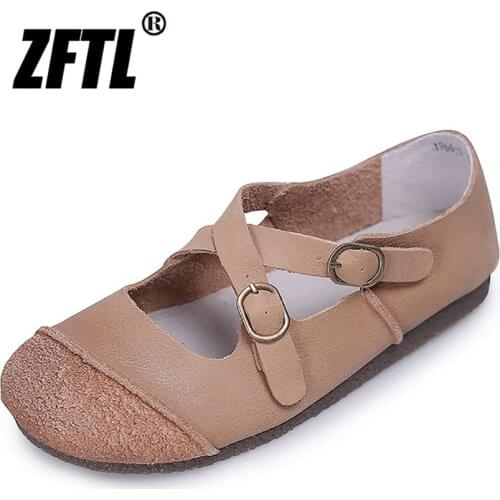 ZFTL Womens peas shoes Female Loafers Shoes Single Boat Shoes Shallow Round Toe Cross Buckle flat shoes Retro Cow Leather