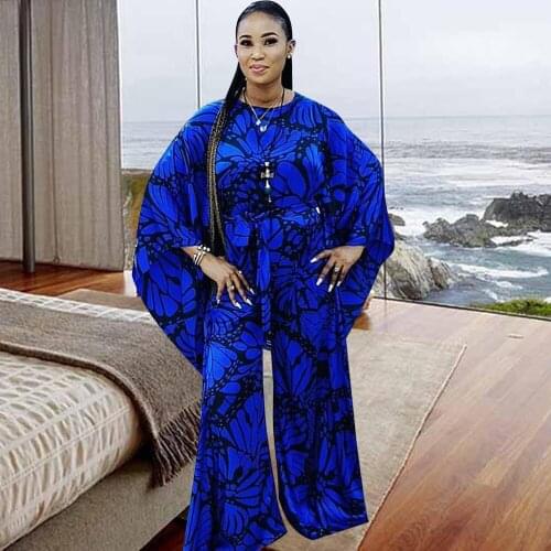 High Quality Latest Autumn Fashion Jumpsuits For Women Bat Sleeve O-neck Loose African Clothes Print Vintage Femme Rompers Party