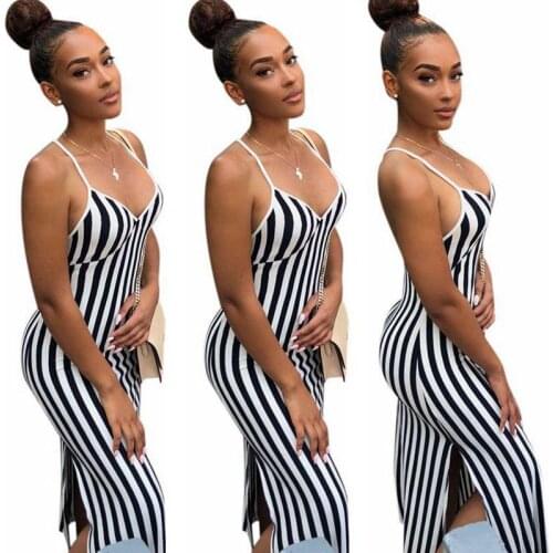 2021 Summer Womens Dress Sexy Split Striped Printed Sling Sleeveless Casual Beach Dress