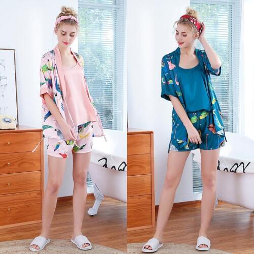 Women Silk Sexy Summer Satin Lingerie Pijiama Print Half Sleeve Shorts Pajamas Gown Korean Two Piece Pajama Sets Pink Sleepwear