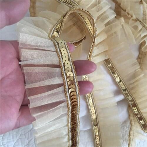 1Yard Gold Lace Fabric Sequin Gold Material Trim 4.5CM Ribbons Trims Mesh Lace Fabric For Dresses Sewing Sequins Accessories X08