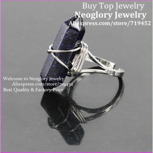 10PCS Natural Blue Sand Stone Adjustable Finger Rings Gems Stone Hexagonal Point Reiki Chakra Beads Jewelry Unisex Silver Plated