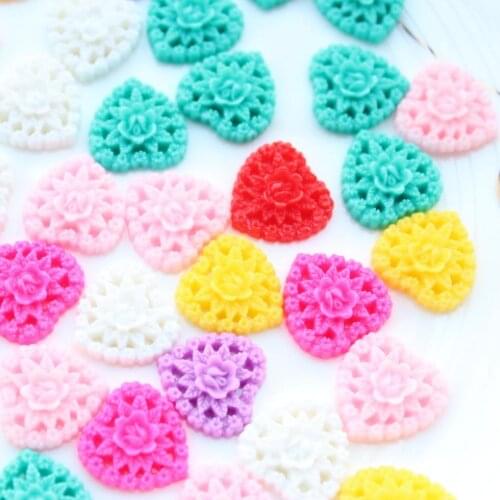 200pccs mixed Color Rose Heart Flower Resin Cabochons, Heart Shaped, 16mm kitsch decoden pieces filigree flower bouquet