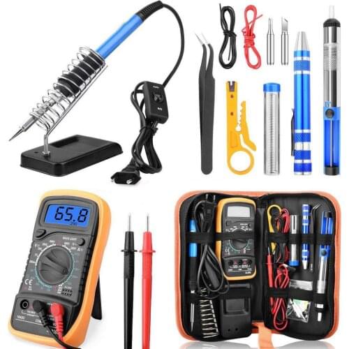 60W Electric Soldering Iron Kit AC220-240V Adjustable Temperature Solder Tips with Digital Multimeter Welding Tool Kits