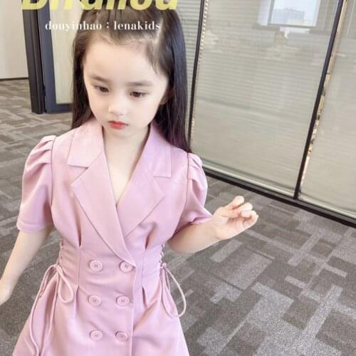 Childrens Wear 2021 Girls' Summer Suit Button Temperament Gentlewomanly Korean Trend Turn-down Collar Dress Girls Clothes