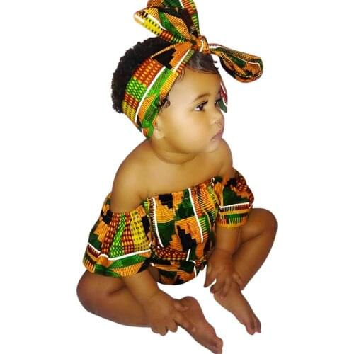 Toddler Newborn Jumpsuit Baby Girls Romper African Print Off Shoulder Romper+Headband Set Infant Outfits Cute Jumpsuit Clothes