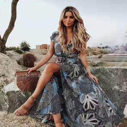 DUISNENA long boho dress v-neck robe dress floral print summer dress holiday weman dress vestidos