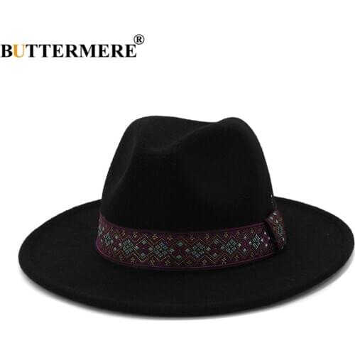 BUTTERMERE Wide Brim Fedora Hat for Women Men Wool Felt Hat Woolen Trilby Autumn Winter Panama Black Female Jazz Cap Chapeau