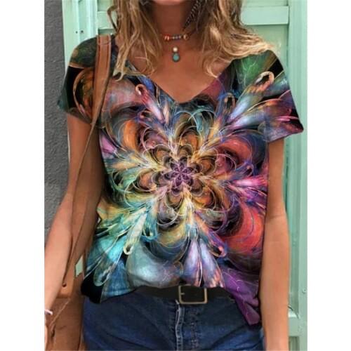 Womens Fashion Colorful Tie-dye Prined Short Sleeve T-shirt Casual V-neck Graphic Tee Plus Size Tops