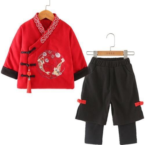 Chinese wind childrens clothing girls Hanfu Chinese New Year festive clothes plus cotton winter clothes Warm children clothing