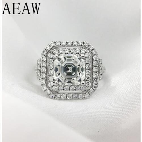 AEAW Solid Genuine 14K 585 White Gold Asscher Cut And Round Moissanite Engagement&Wedding Lab Diamond Ring Double Halo Ring