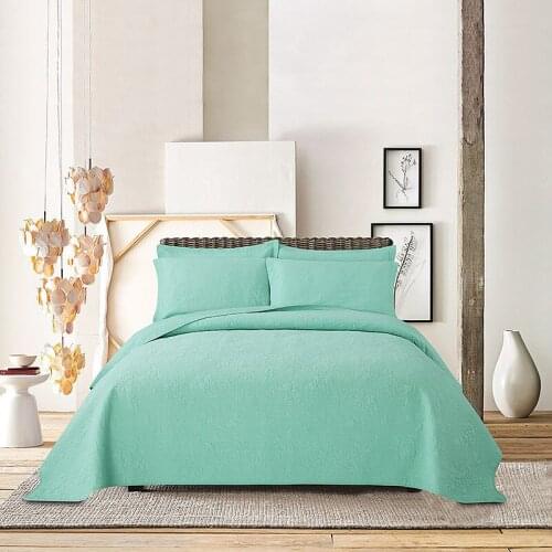 Quality Blue Solid Bedspread Quilt Set 3PCS Embroidery 100% Cotton Quilts Bed Cover Pillowcase King Queen Size Coverlet Sets