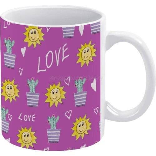 Cactus Love White Mug To Friends and Family Creative Gift 11 Oz Mug Coffee Ceramic Mug Sun Cactus Repeating Patterns Fun